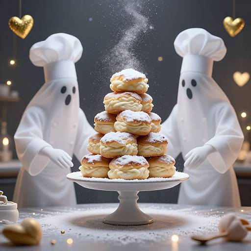 Photograph of two ghostly chefs in white, powder-covered, sugared donut tower on white stand, with glowing heart decorations in background.