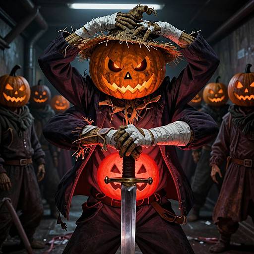 Photograph-style digital art: Jack-o'-lantern with menacing face, bandaged hands, dark cloak, holding sword, glowing red orb, surrounded