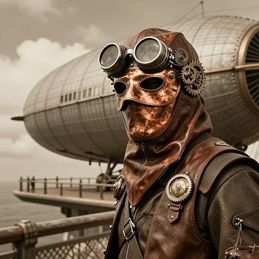 Steampunk-style person with copper gas mask, goggles, and gears, in front of a large, vintage airship on a cloudy day. Phot