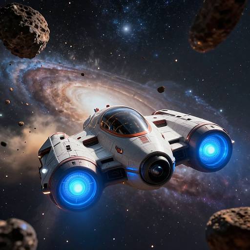 CGI image of a futuristic white spaceship with glowing blue engines, flying through a starry space filled with asteroids and a colorful galaxy.