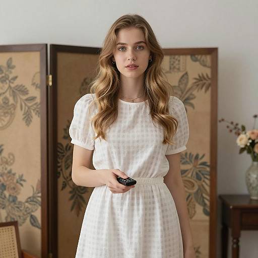 Young Woman with Remote in Elegant Room