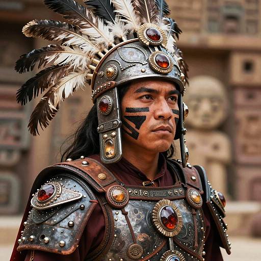 Photograph of a Native American man in ornate, metallic armor with black and white feathers, red gemstones, and face paint, standing against a