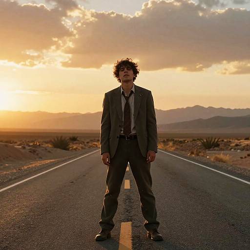 Exhausted Traveler on Desert Highway