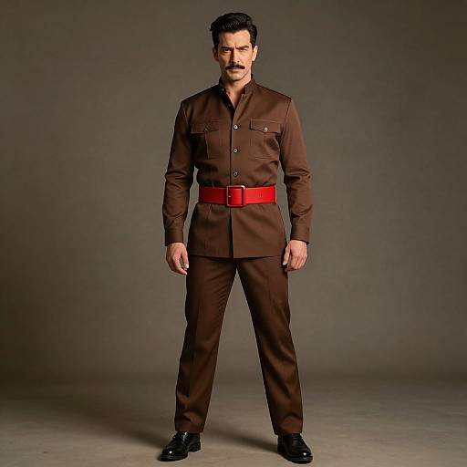 Photograph of a serious-looking man with dark hair and mustache, wearing a brown military-style uniform with a red belt, standing against a plain gray