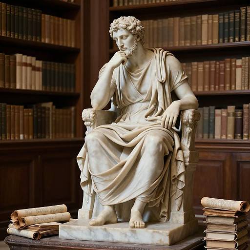 Photograph of a white marble statue of a contemplative, bearded man in classical attire, seated on an ornate chair in a library, surrounded