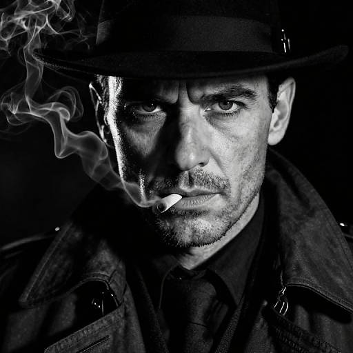 Black-and-white photograph of a serious, mustached man with a cigarette, wearing a dark hat and coat, with smoke curling around his face against