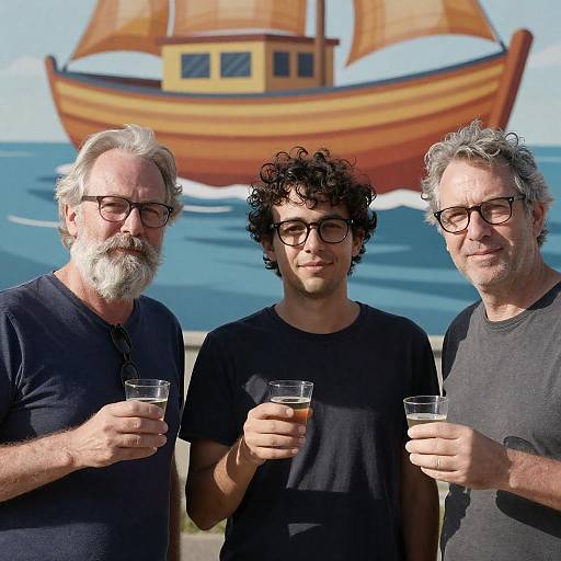 Three Men with Glasses by Colorful Mural