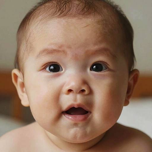 Close-up photograph of a smiling, brown-haired baby with large, dark eyes and fair skin, gazing forward, with a blurred, neutral background.