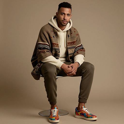 Photograph of a young Black man with short curly hair, wearing a patterned brown coat, white hoodie, brown pants, and colorful sneakers, seated