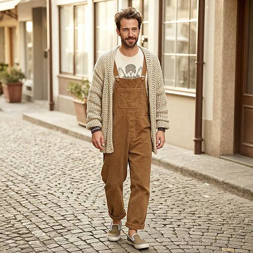 Photograph of a bearded man with short brown hair, wearing a cream knit cardigan, brown high-waisted trousers, white shirt, and