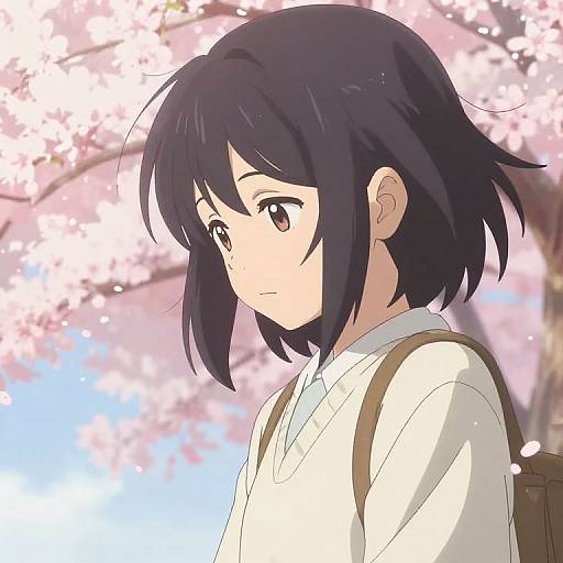 Anime-style digital drawing of a young girl with short black hair, wearing a white shirt and brown backpack, against a pink cherry blossom background.