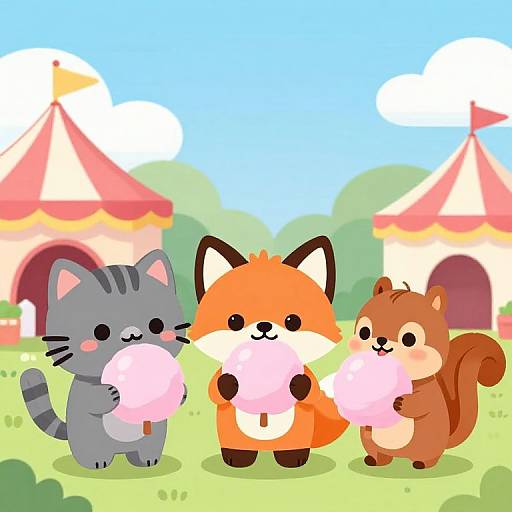 Cartoon image of a gray cat, orange fox, and brown squirrel eating pink cotton candy in a colorful, sunny field with red-and-white tents.