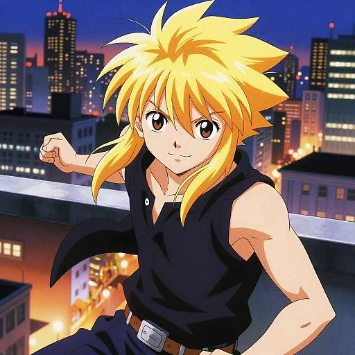 Blonde Anime Hero in Dynamic Cityscape