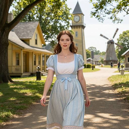 Photograph of a young woman with fair skin and brown hair in a blue and white Victorian dress, walking on a sunlit village path with yellow houses
