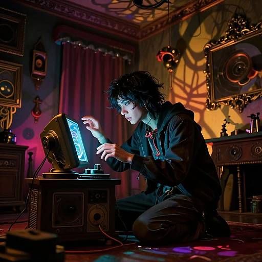 Enigmatic Figure in Surreal Room