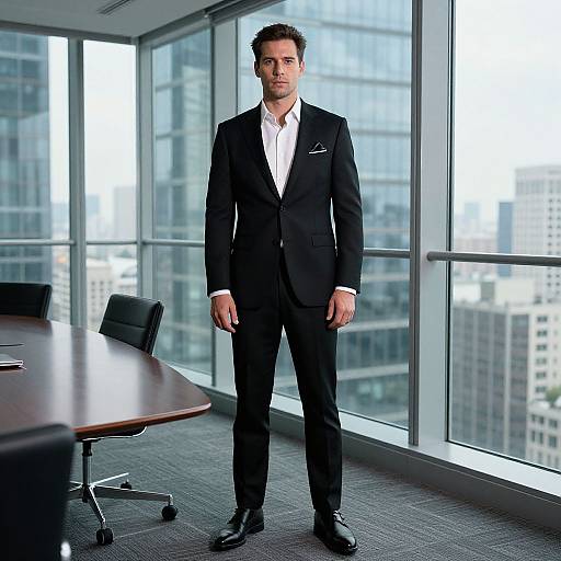 Photograph of a handsome, tall man in a black suit and white shirt standing in a modern, glass-walled office with cityscape views.