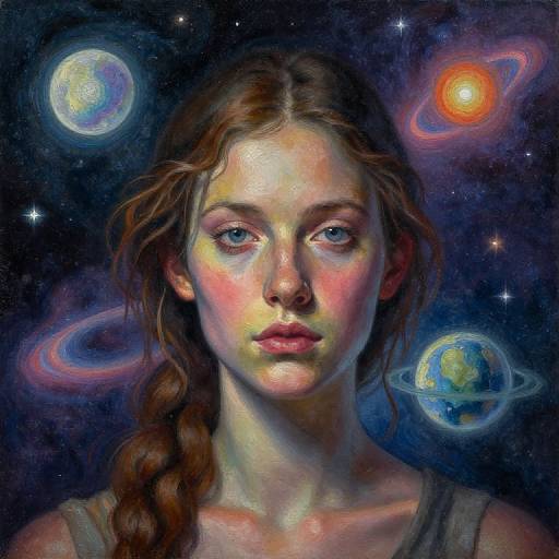 Digital painting of a young woman with pink-tinged skin, brown braid, and blue eyes, surrounded by planets and rings in a starry