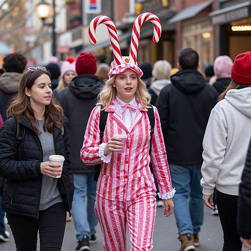 Photograph of a blonde woman in red-and-white striped candy cane-themed outfit with matching hat, standing in a busy urban street, holding a coffee cup