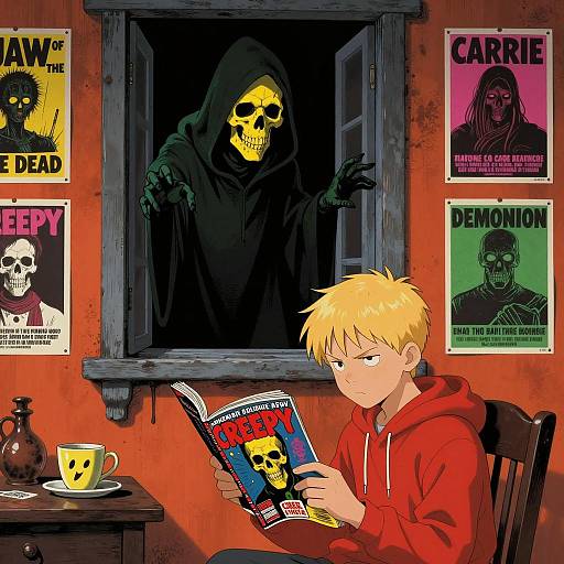 Boy Reading Creepy Magazine in Gothic Room