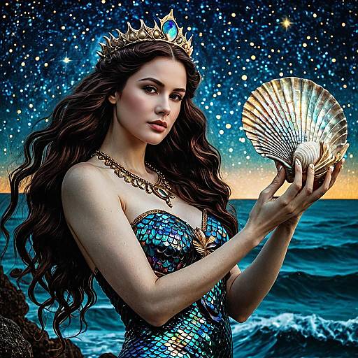 Celestial Mermaid Queen Holding Conch Shell