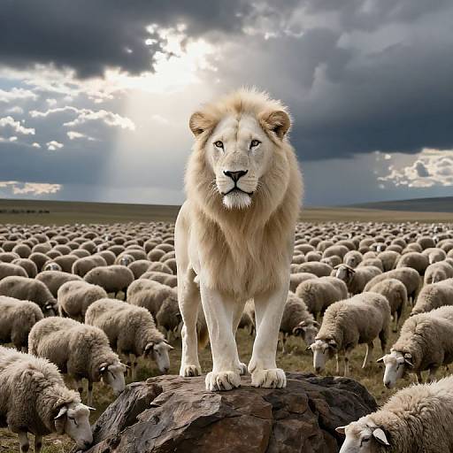 Majestic White Lion Among Sheep