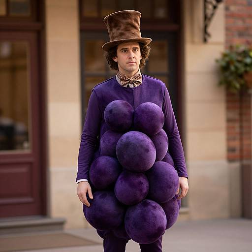 Photograph of a man in a purple, balloon-like costume with a brown top hat and bow tie, standing in front of a brick building.
