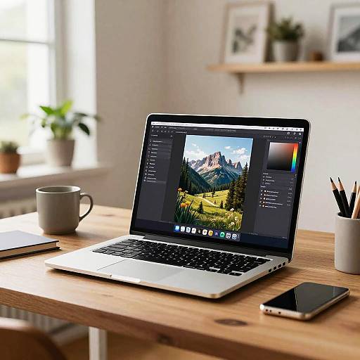 Laptop with AI Image Generator on Wooden Desk