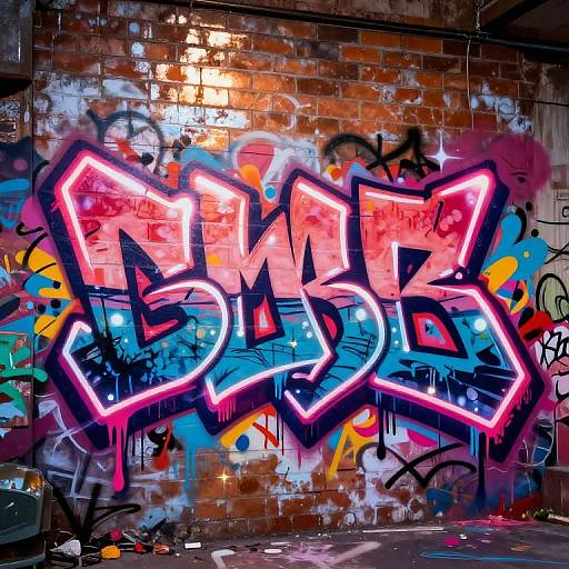 Vibrant graffiti on a brick wall features bold, neon pink and blue 