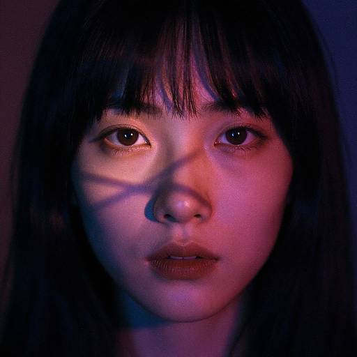 Photograph of an Asian woman with straight black hair, illuminated by purple and blue lights, casting dramatic shadows on her face.