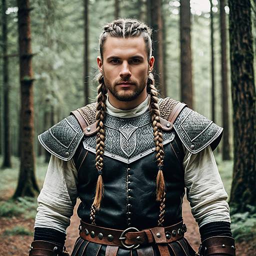 Male Model with Viking Braids and Leather Armor in Forest
