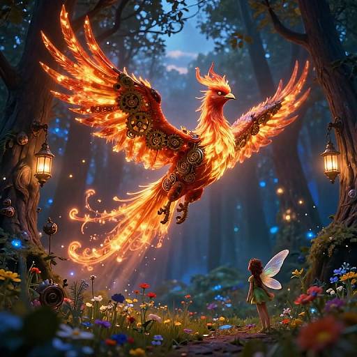 Digital fantasy artwork: Vibrant, fiery phoenix with ornate wings soars above enchanted forest, glowing lanterns, fairy girl with translucent wings, colorful