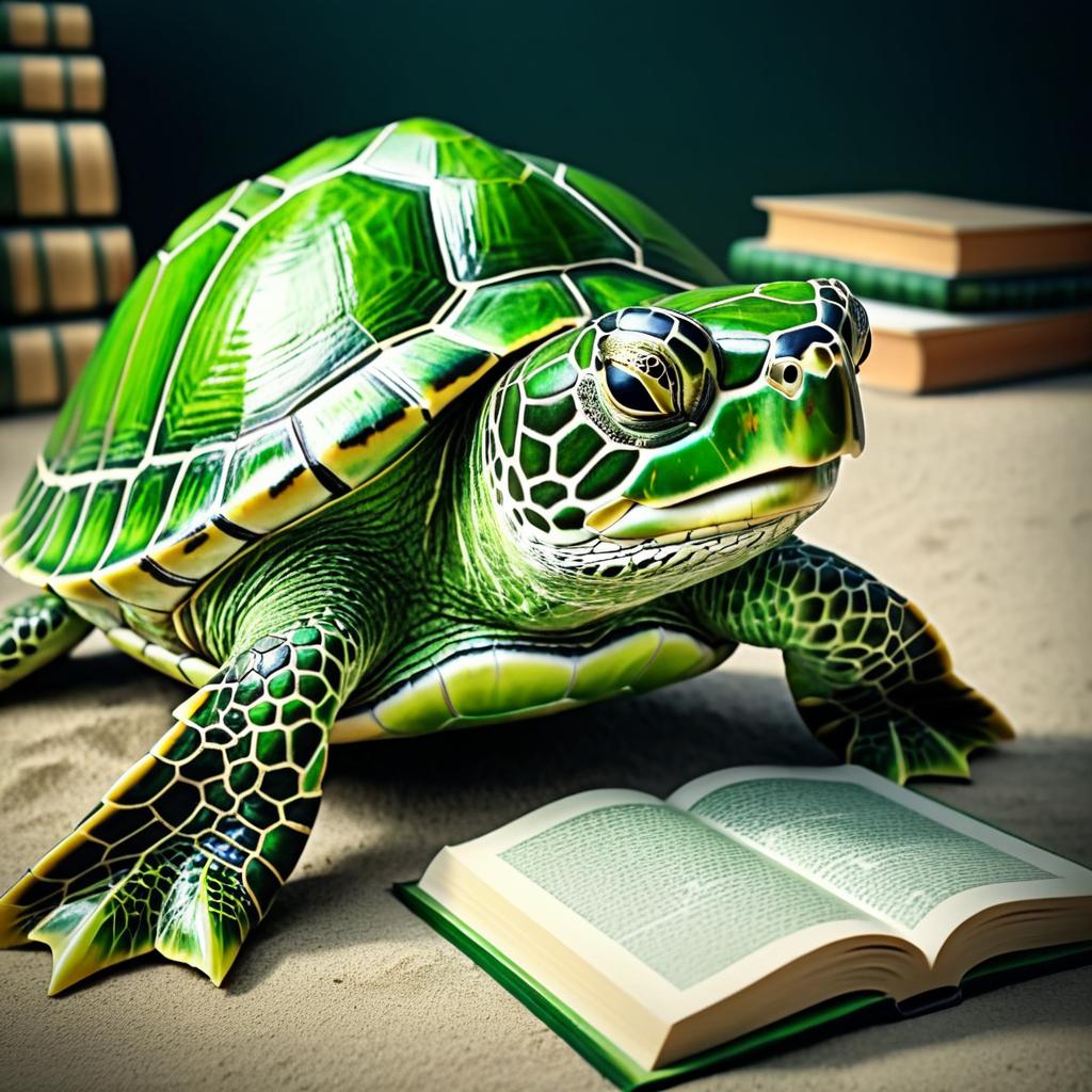 Realistic Green Turtle Reading a Book