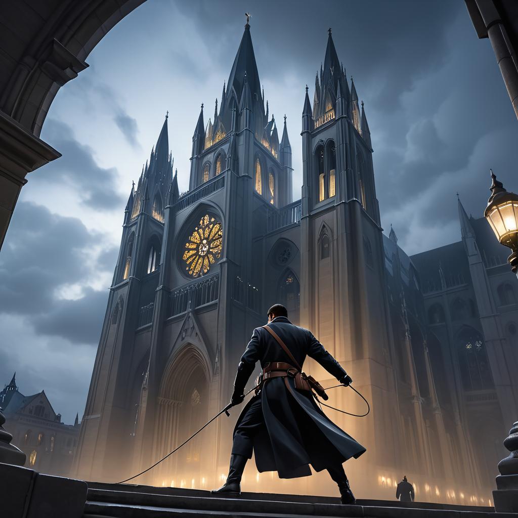 Daring Spy Scaling Cathedral at Twilight