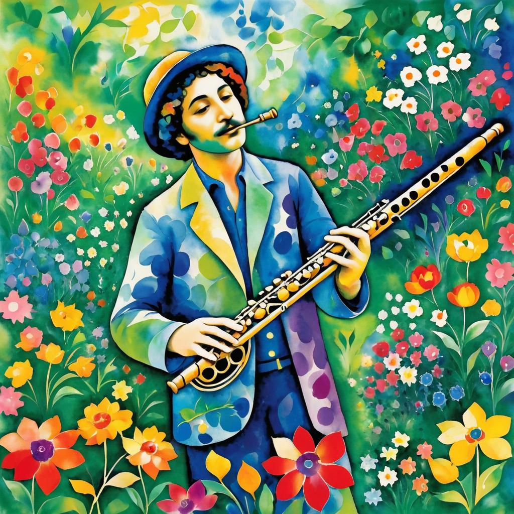 Chagall-Inspired Flute Player in Garden