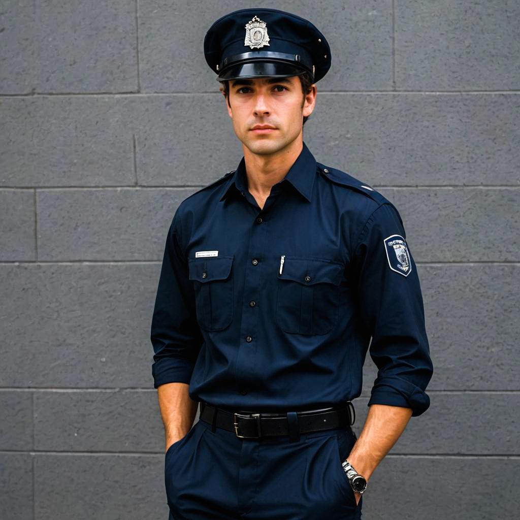 Young Man in Police Uniform Setting