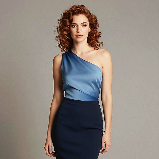 Photograph of a fair-skinned woman with curly auburn hair, wearing a one-shoulder blue satin top and high-waisted black