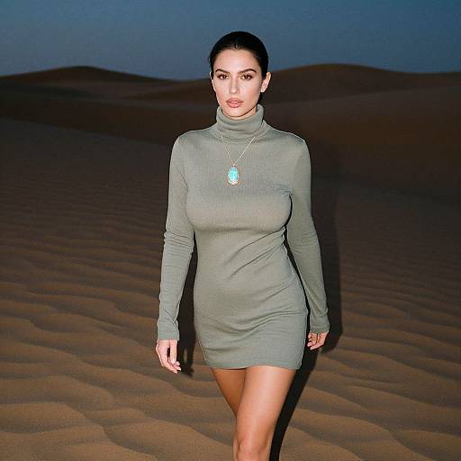 Photograph of a woman with dark hair in a green, long-sleeve, rib-knit mini dress, standing in a desert at dusk,