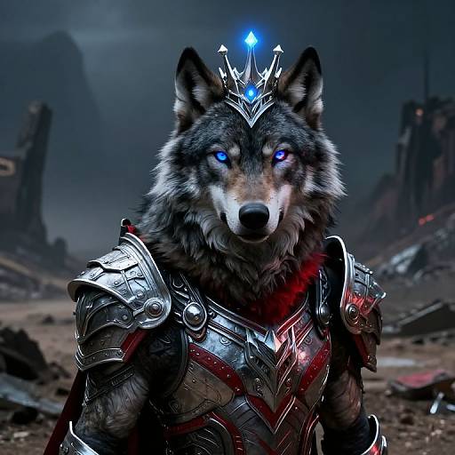 Digital artwork of a fierce, blue-eyed wolf wearing elaborate, glowing silver armor with a crown, standing in a dark, rocky landscape.