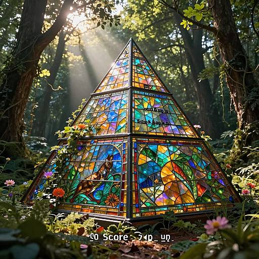 Iridescent Stained Glass Pyramid in Forest