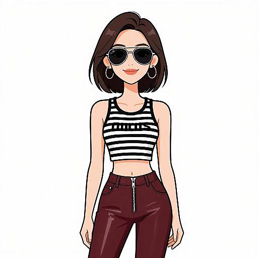 Digital illustration of a stylish woman with short black hair, wearing black-and-white striped crop top, dark maroon high-waisted pants, and round