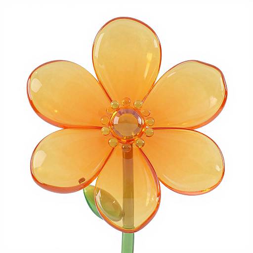Bright, glossy, orange, five-petaled flower with a glass-like texture and yellow center, isolated on a white background. Digital art.