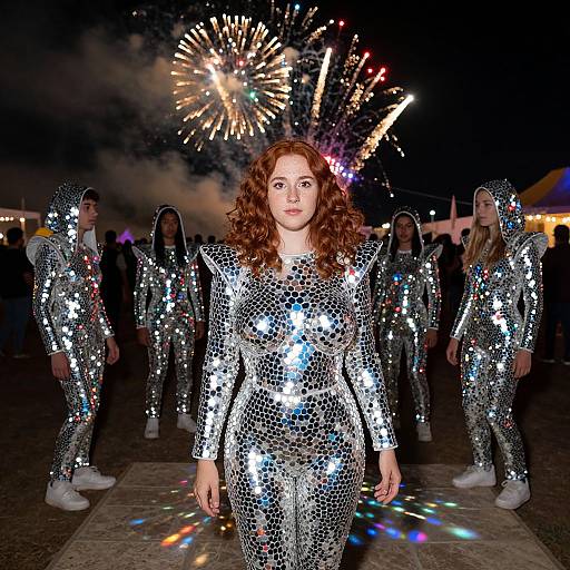 Photograph of a red-haired woman in a silver sequin jumpsuit, leading a group in matching outfits, with vibrant fireworks exploding in the night sky