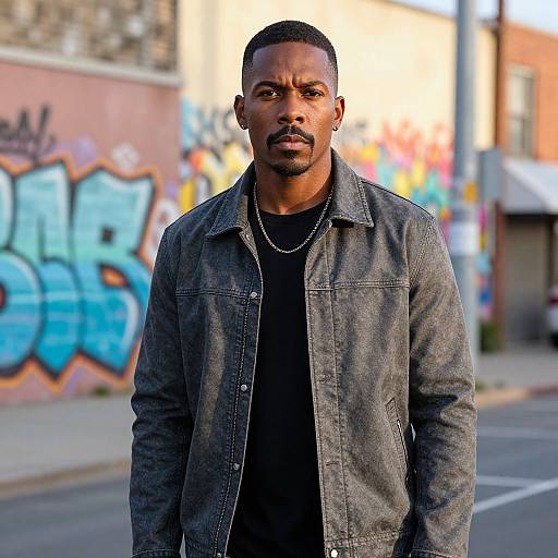 Photograph of a serious, dark-skinned Black man with short hair, wearing a black shirt and gray denim jacket, standing in front of colorful graffiti