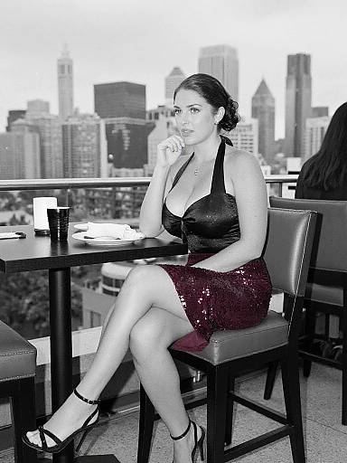 Photograph of a dark-haired woman in a black halter top and red sequin skirt, sitting at a rooftop city bar, city skyline in background