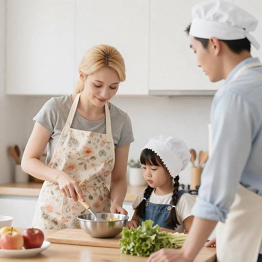 Charming Kitchen Scene with Family Cooking