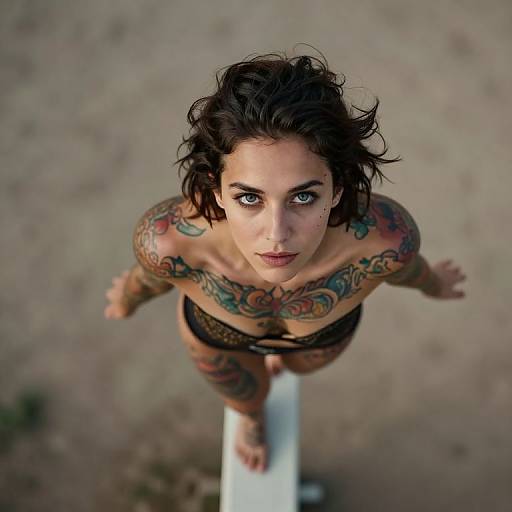 Photograph of a heavily tattooed woman with short, dark hair, blue eyes, and black lace panties, looking up from an overhead angle. Background
