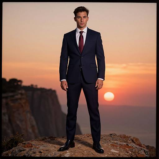 Photograph of a handsome man in a dark navy suit with white shirt and red tie, standing on rocky cliff at sunset.