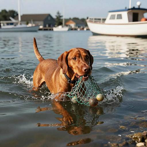 Vizsla Dog Retrieving Fishing Nets in Harbor