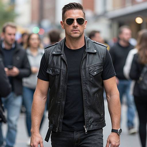 Photograph of a muscular man with short, dark hair, wearing black sunglasses, a black leather vest, and black t-shirt, walking in a blurred