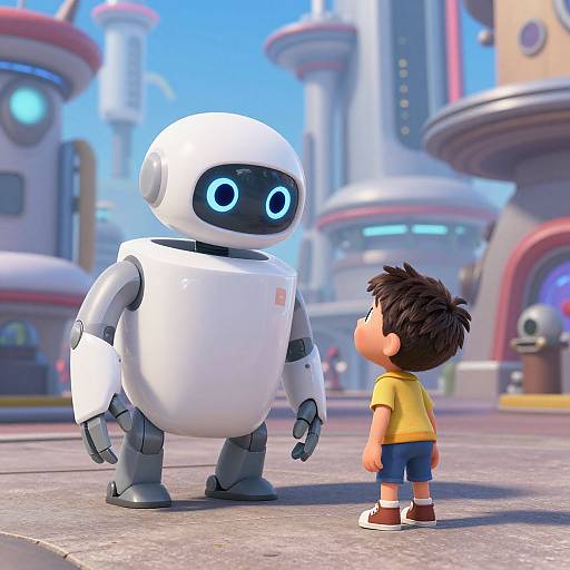CGI image of a cute, short-haired boy in a yellow shirt and blue shorts facing a white, round robot with glowing blue eyes in a futuristic